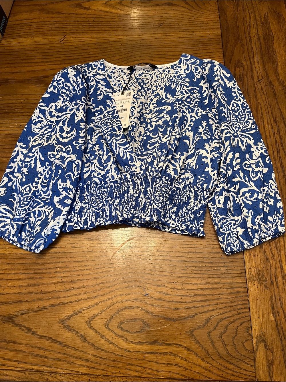 Zara Blue and White Eyelet Smocked Crop Top, size medium, new with tags